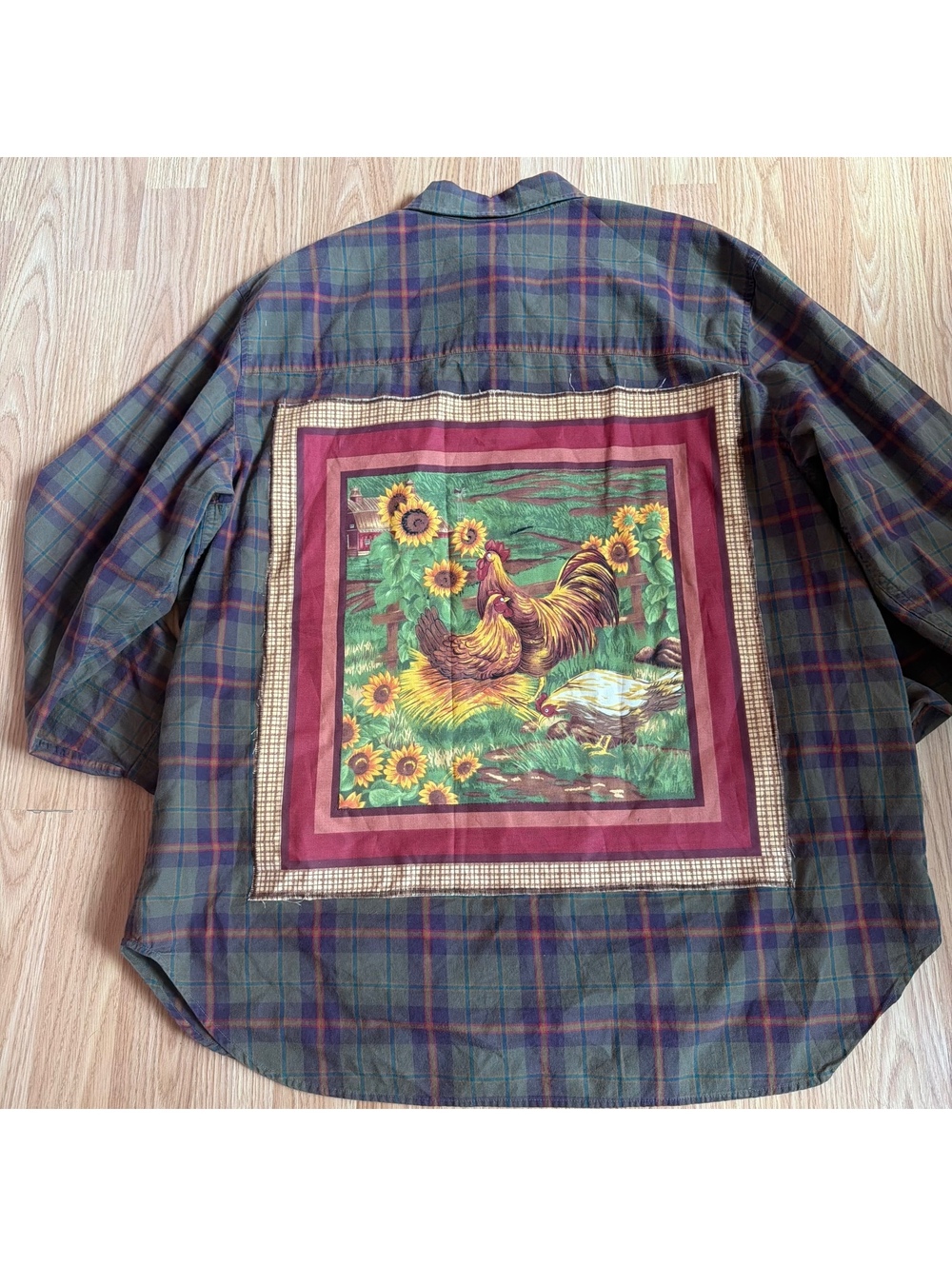 Jones Jeans Green Cotton Plaid Button Up With Chicken Fabric On Back Size 2X